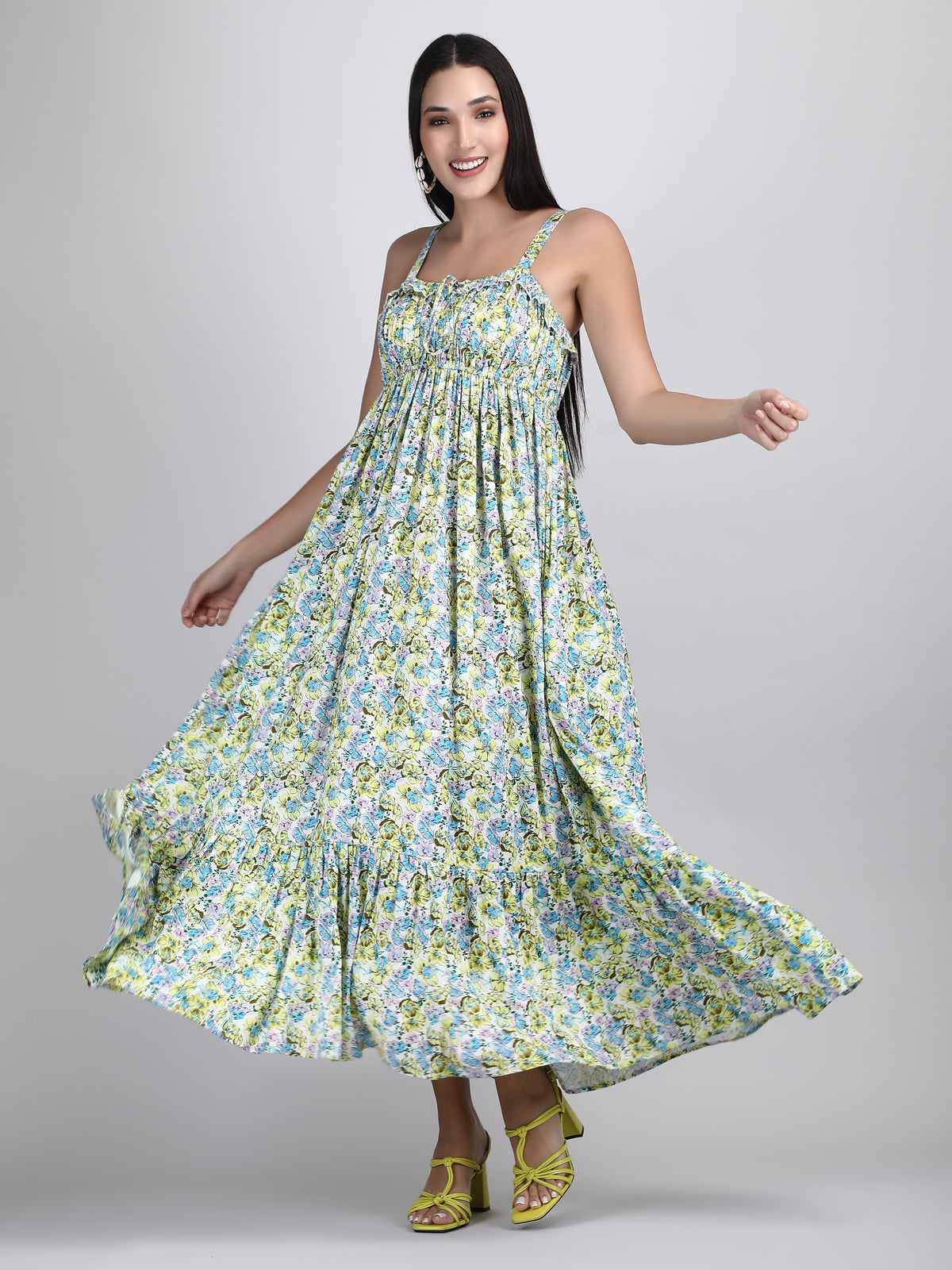 Organic cotton green and yellow summer floral dress